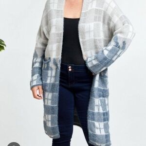 DAVI & DANI Gray Colorblock Plaid Cardigan NWT | Cozy Oversized Soft Knit